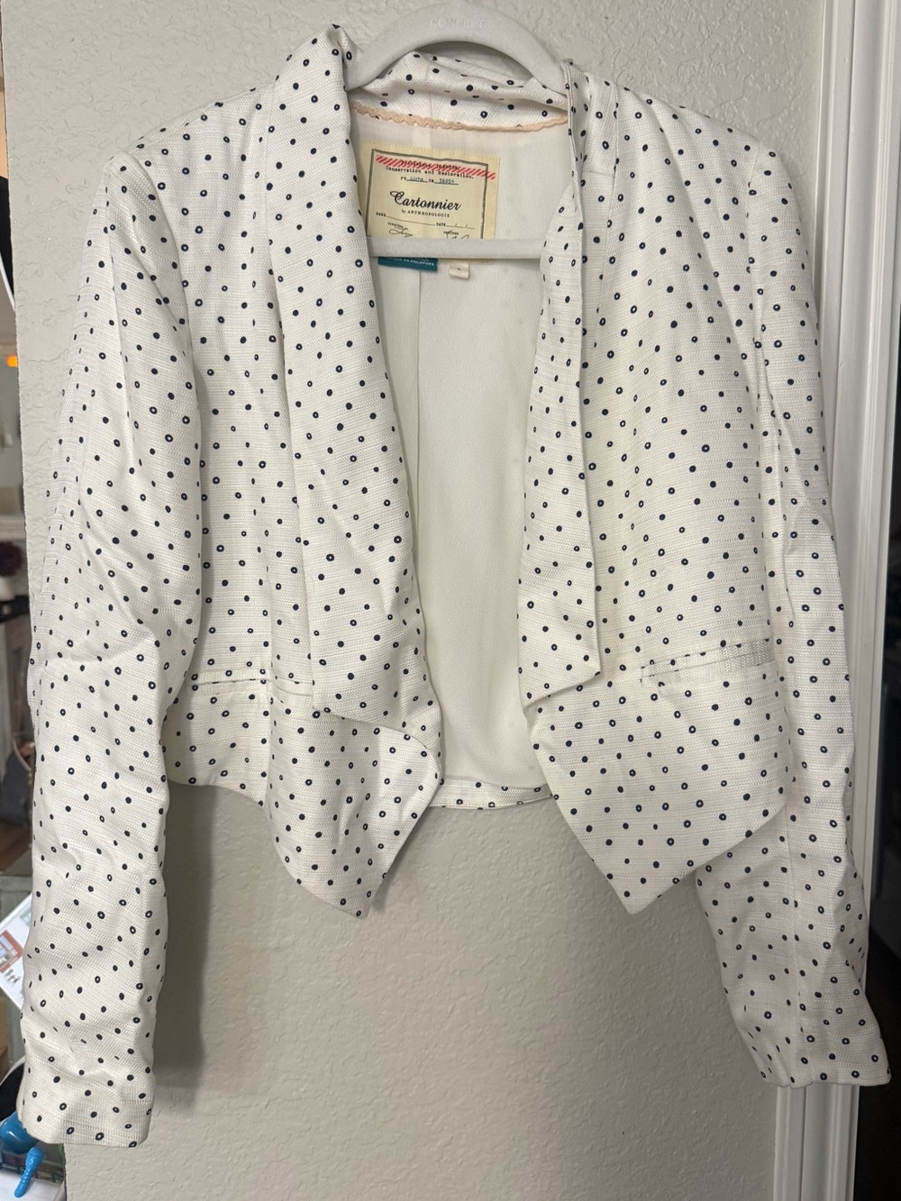 Anthropologie White Blazer with Navy Polka Dots